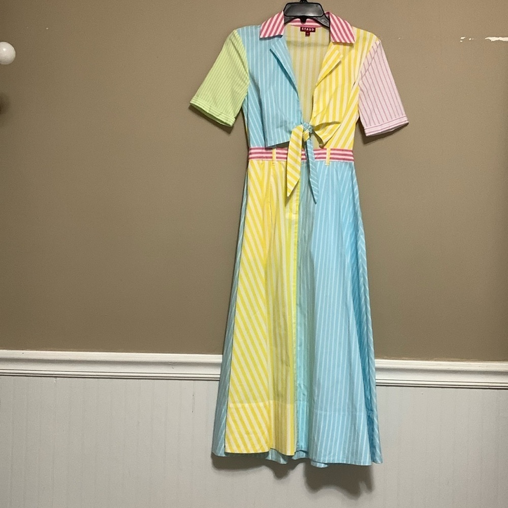 STAUD Georgiana Stripe Tie-Front Cut-Out Midi Dress Size 00 Preppy Nautical